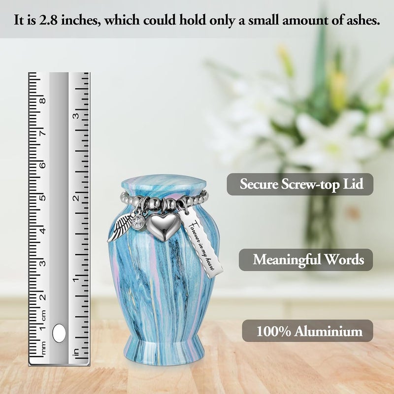 XIUDA Memorials Small Urns for Human Ashes Keepsake Aluminum Mini Urns for Ashes with Angel Wing Charm Decorative Burial Urn Funeral Cremation Urns for Women and Men (Ocean Blue) - Image 2
